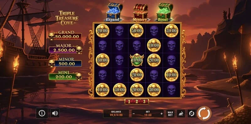 Triple Treasure Cove - layar utama dengan gulungan dan teluk bajak laut